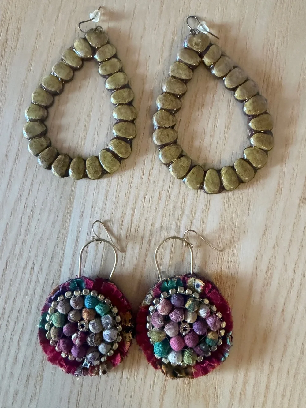 Handcrafted Gold-Tone Teardrop Beaded Earrings  Red material earrings